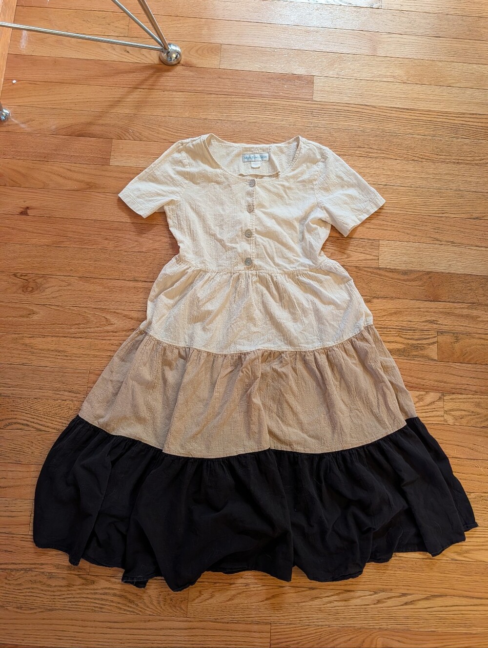 Vintage 90s Textured Cotton ColorBlock Tiered Midi Dress Boho Retro Cottage Vtg